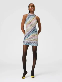 Sleeveless mini-dress in zig zag lamé viscose