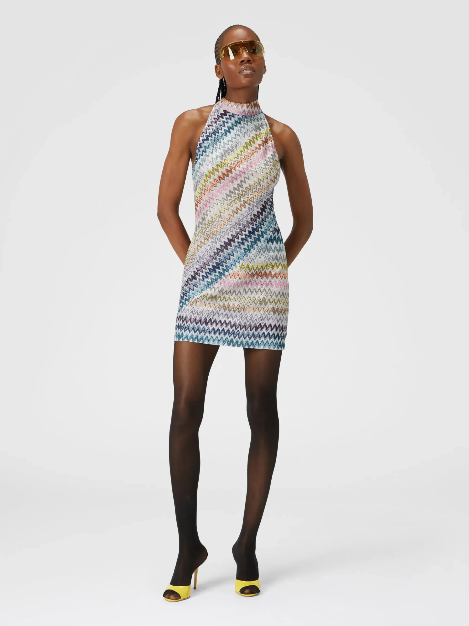 Sleeveless mini-dress in zig zag lamé viscose