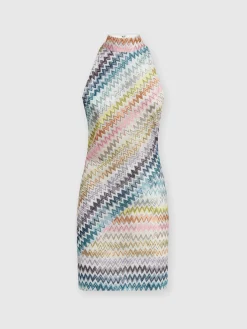 Sleeveless mini-dress in zig zag lamé viscose