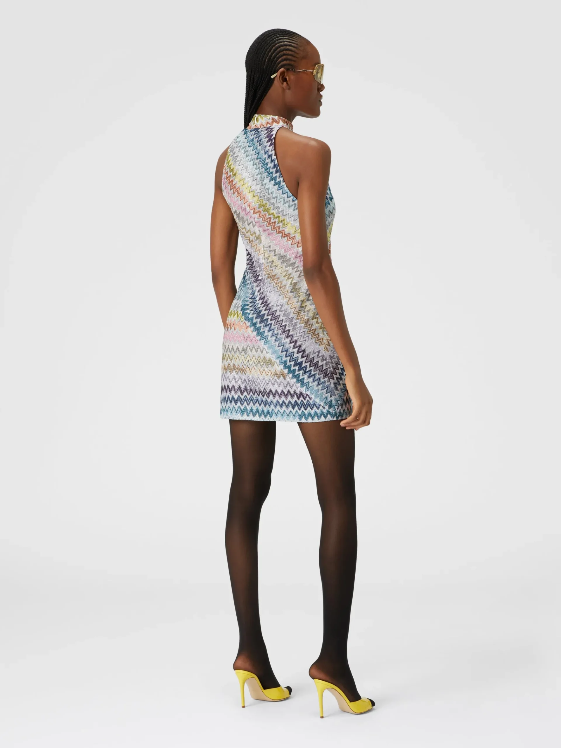 Sleeveless mini-dress in zig zag lamé viscose