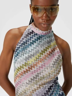 Sleeveless mini-dress in zig zag lamé viscose