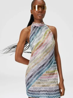 Sleeveless mini-dress in zig zag lamé viscose