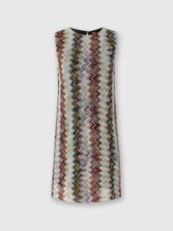 Sleeveless mini-dress in zig zag lamé viscose blend