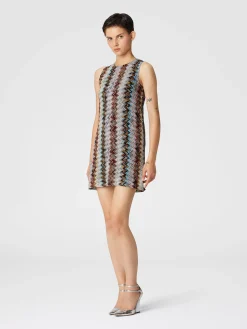 Sleeveless mini-dress in zig zag lamé viscose blend