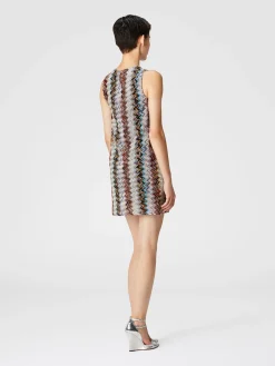 Sleeveless mini-dress in zig zag lamé viscose blend