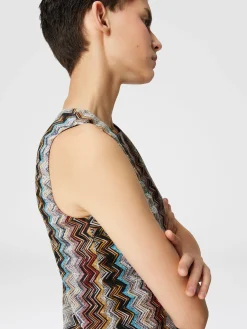 Sleeveless mini-dress in zig zag lamé viscose blend