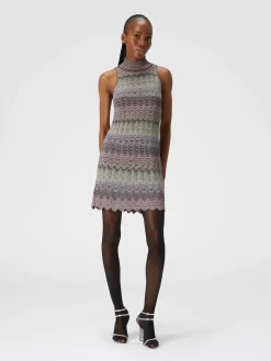 Sleeveless mini-dress with lamé Greek motif