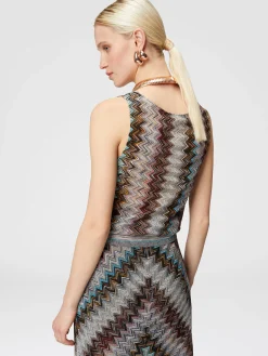 Sleeveless top with lamé slub zigzag motif