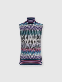 Sleeveless turtleneck top in zig zag wool