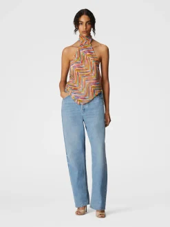 Sleeveless turtleneck top in printed cotton and silk blend