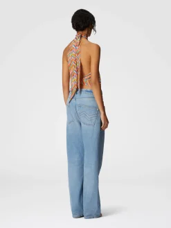 Sleeveless turtleneck top in printed cotton and silk blend