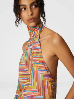 Sleeveless turtleneck top in printed cotton and silk blend