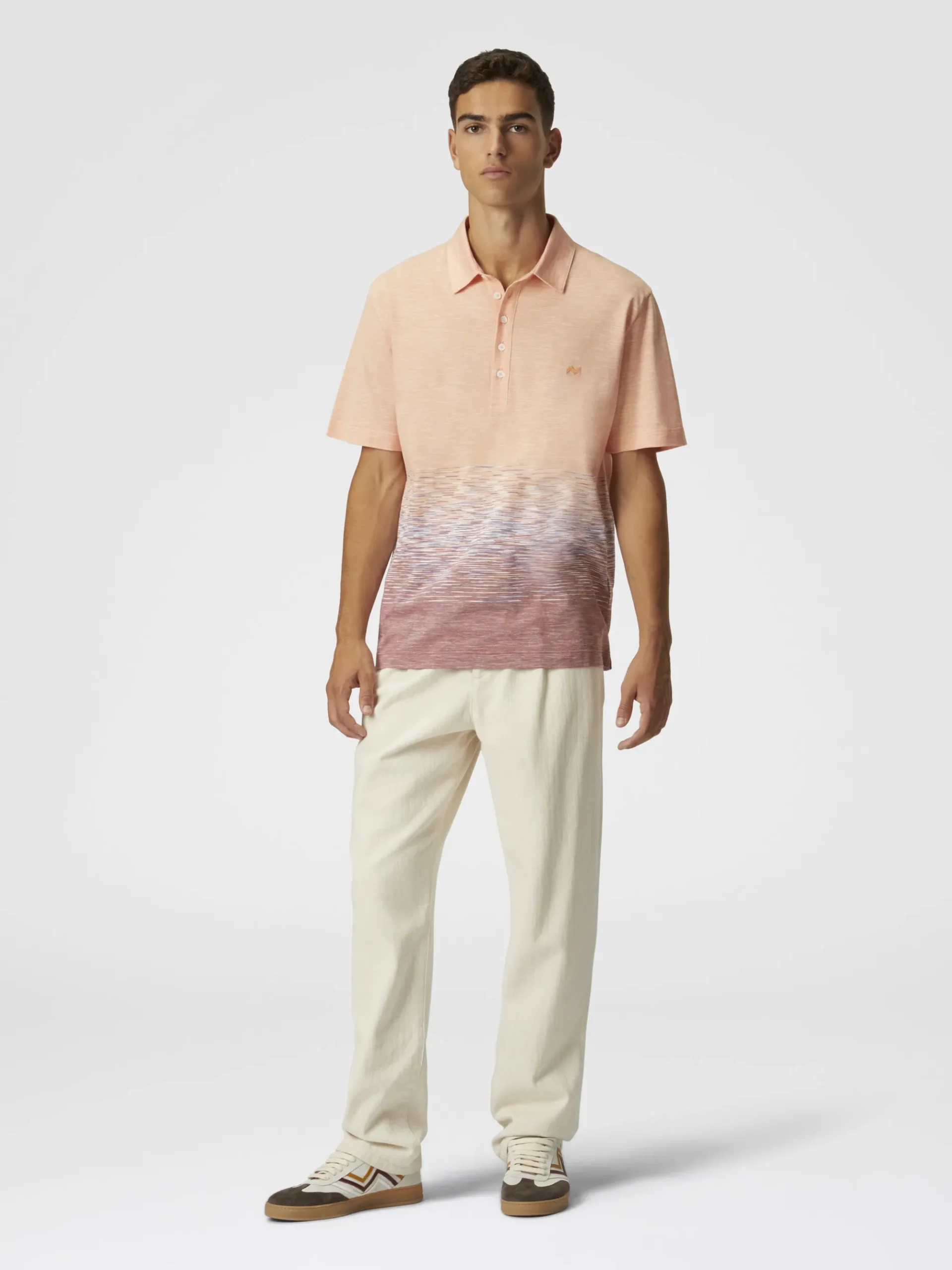 Slub cotton and linen polo shirt with zigzag embroidery