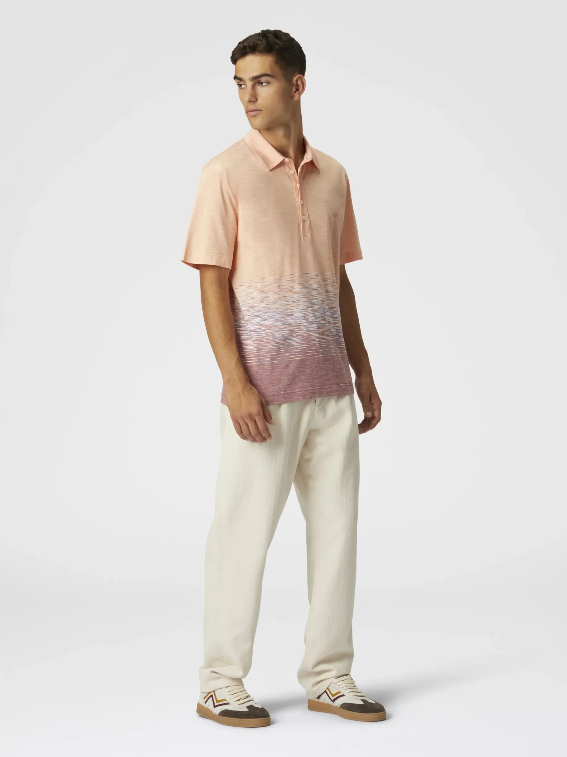 Slub cotton and linen polo shirt with zigzag embroidery