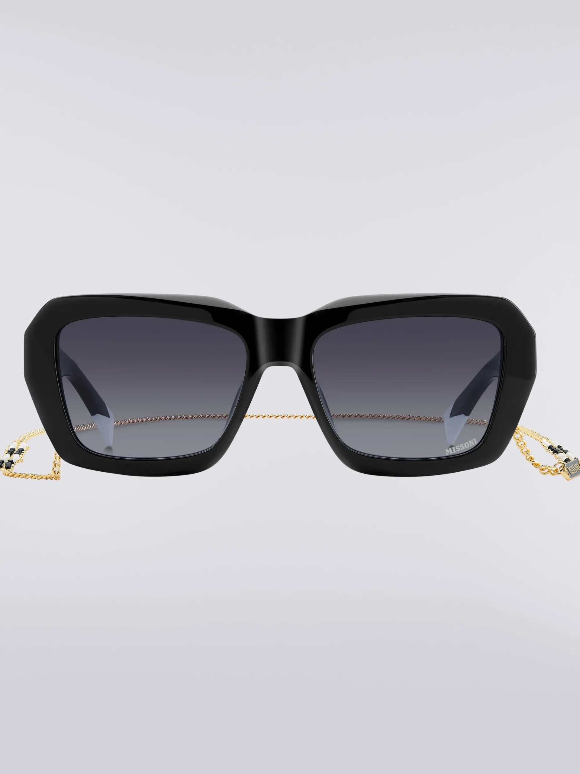 Square acetate sunglasses with a metal chain