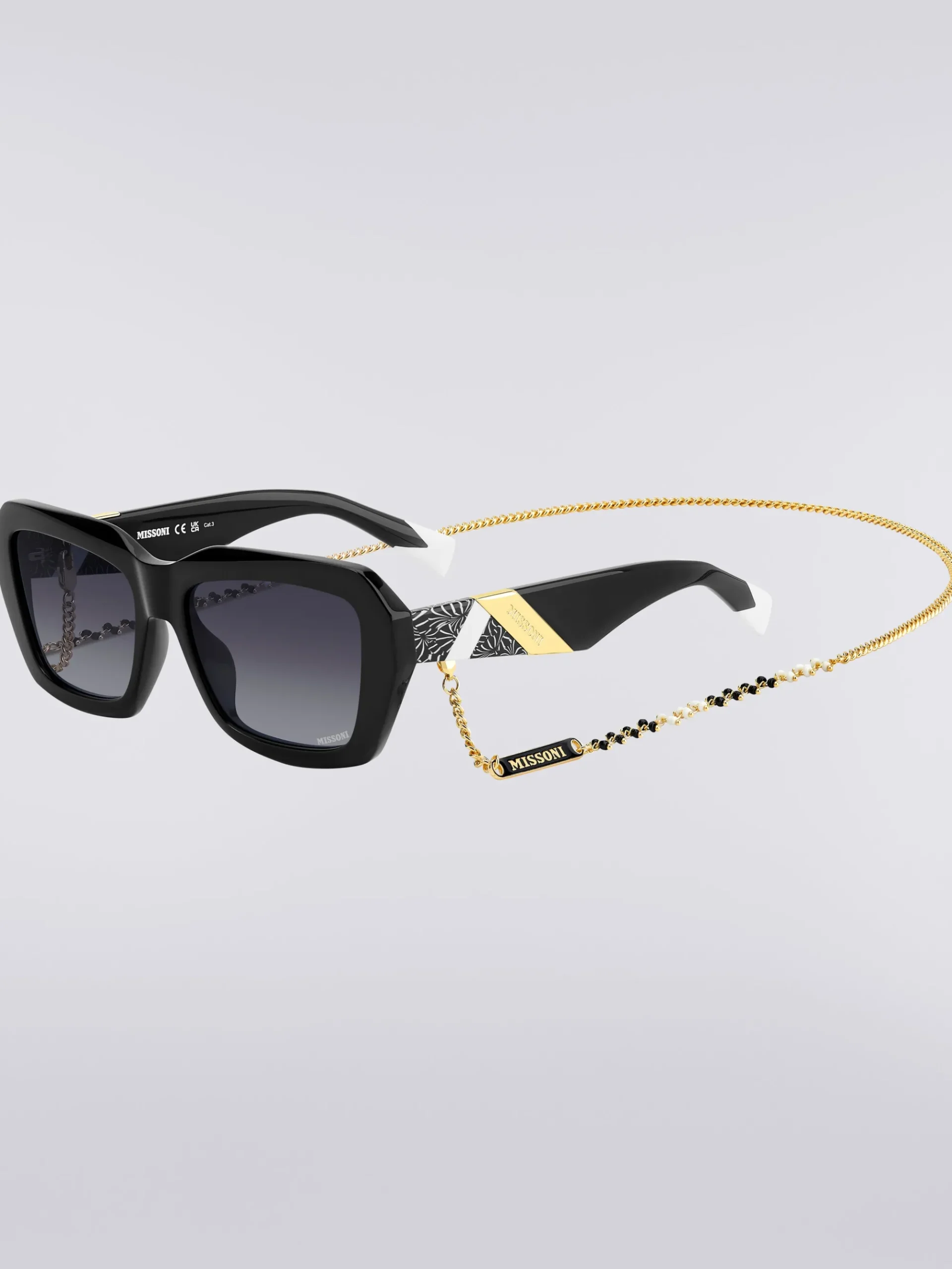 Square acetate sunglasses with a metal chain