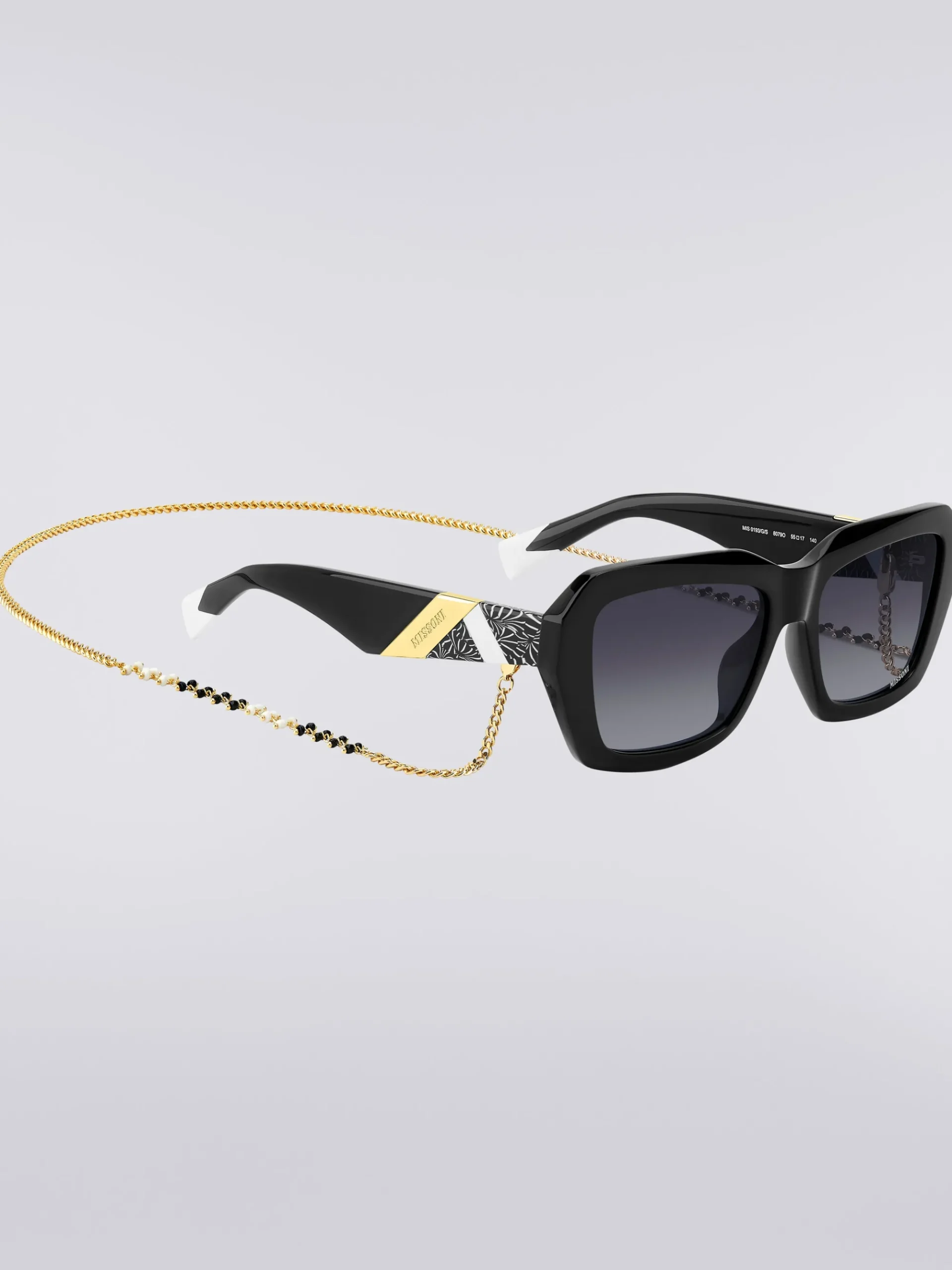 Square acetate sunglasses with a metal chain