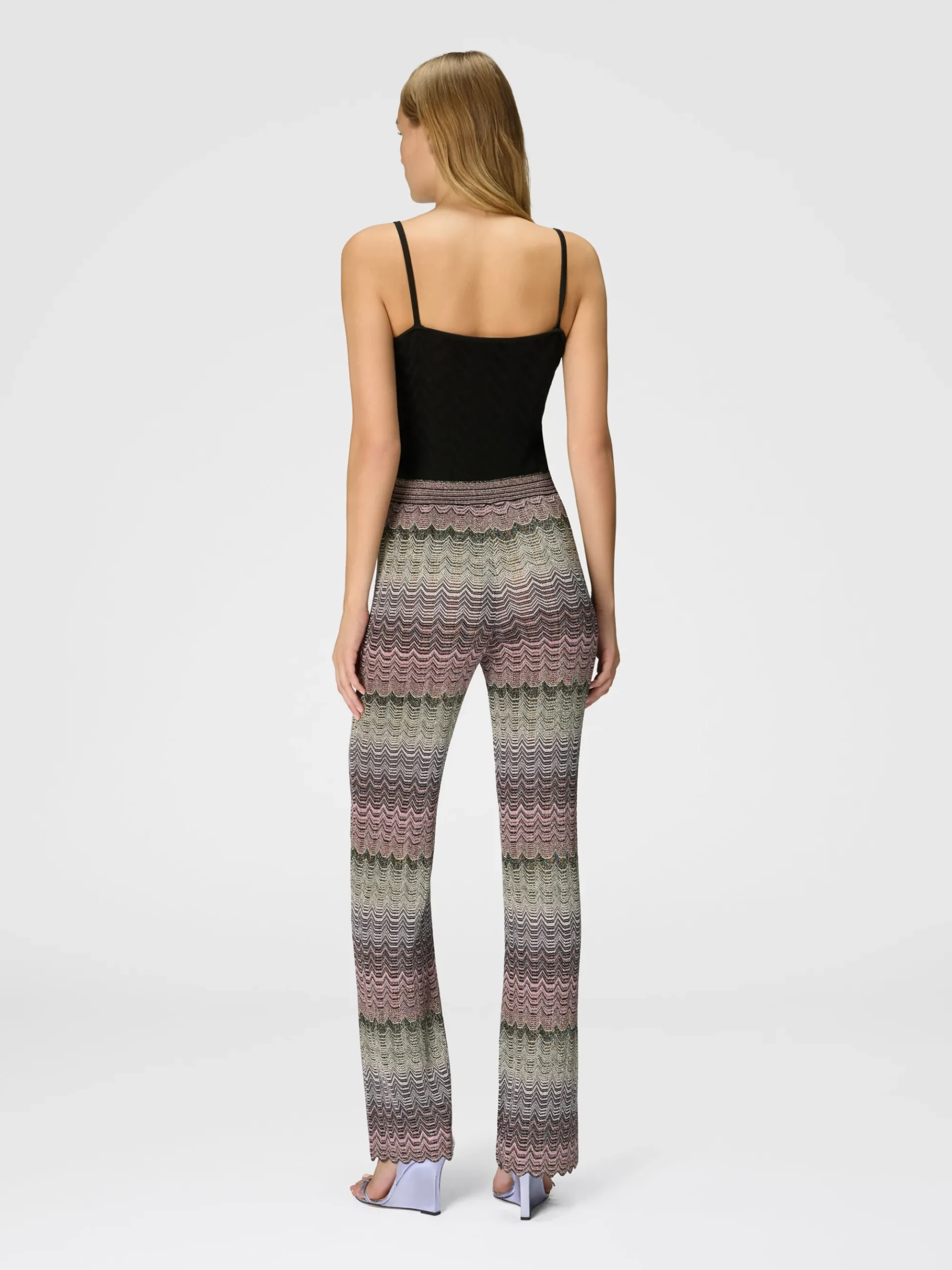 Straight trousers with glare-patterned zig zag lamé