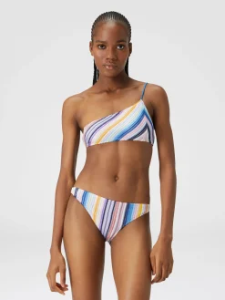 Striped one-shoulder crochet bikini