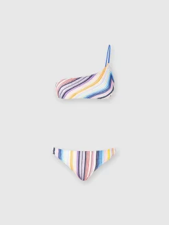 Striped one-shoulder crochet bikini