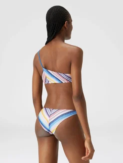 Striped one-shoulder crochet bikini