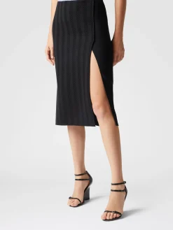 Tonal cotton and zig zag viscose midi skirt with slit