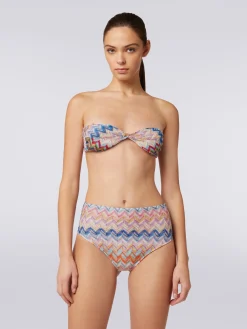 Viscose and lurex bikini with torchon top and high briefs