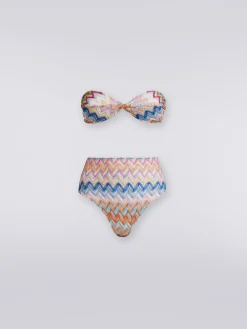 Viscose and lurex bikini with torchon top and high briefs