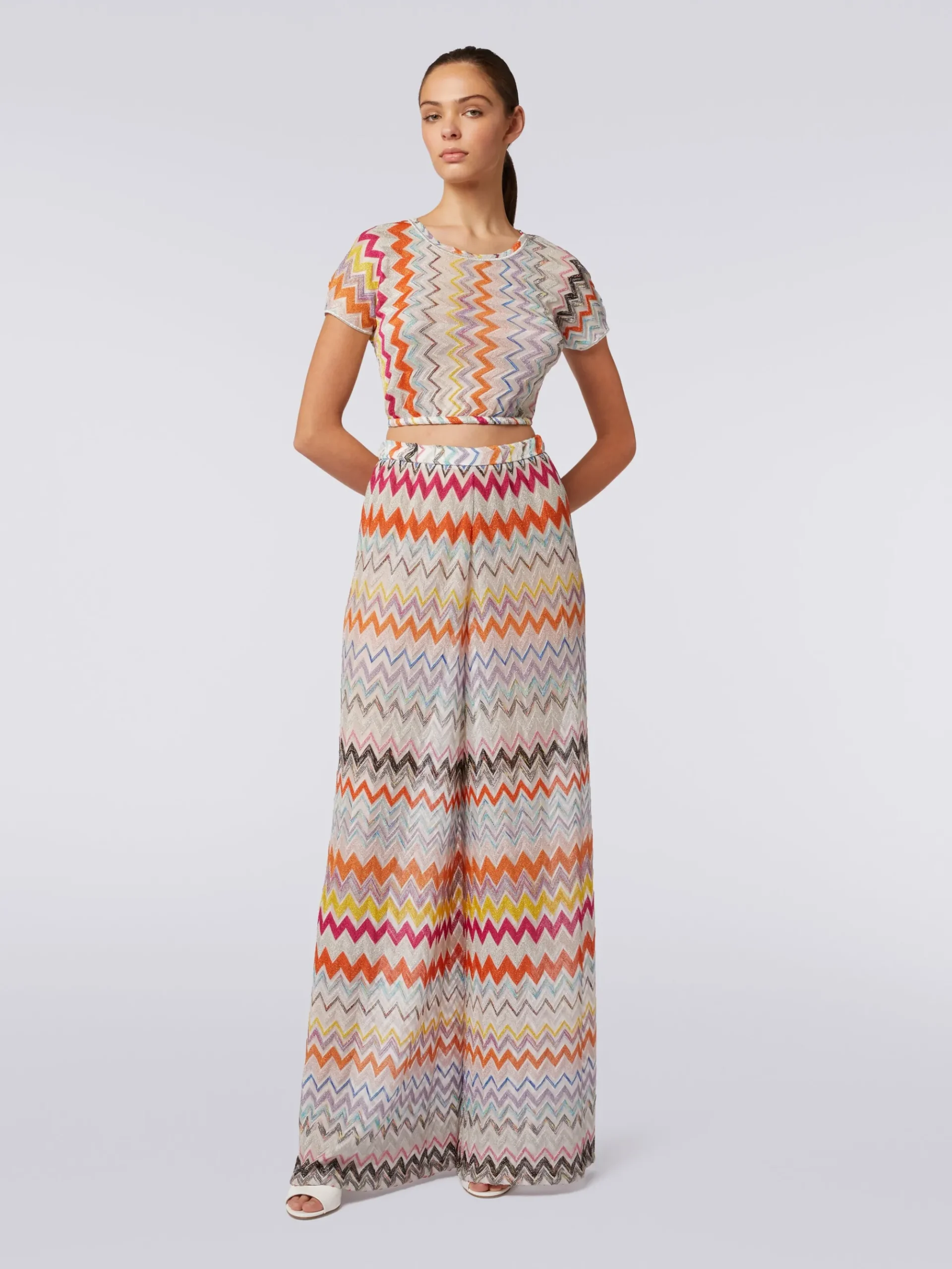 Viscose blend lamé chevron palazzo trousers