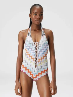 Viscose zigzag one-piece swimming costume with lurex
