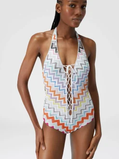 Viscose zigzag one-piece swimming costume with lurex