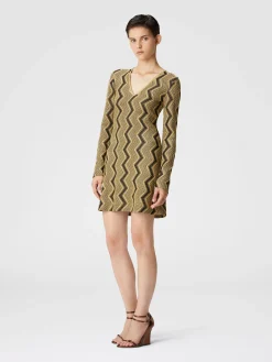 V-neck dress in lamé zig zag viscose