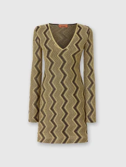 V-neck dress in lamé zig zag viscose