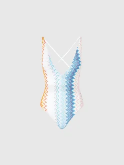 V-neck viscose blend zigzag lamé one-piece swimsuit