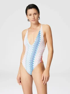 V-neck viscose blend zigzag lamé one-piece swimsuit
