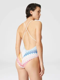 V-neck viscose blend zigzag lamé one-piece swimsuit