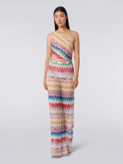 Wave motif one-shoulder top with lurex