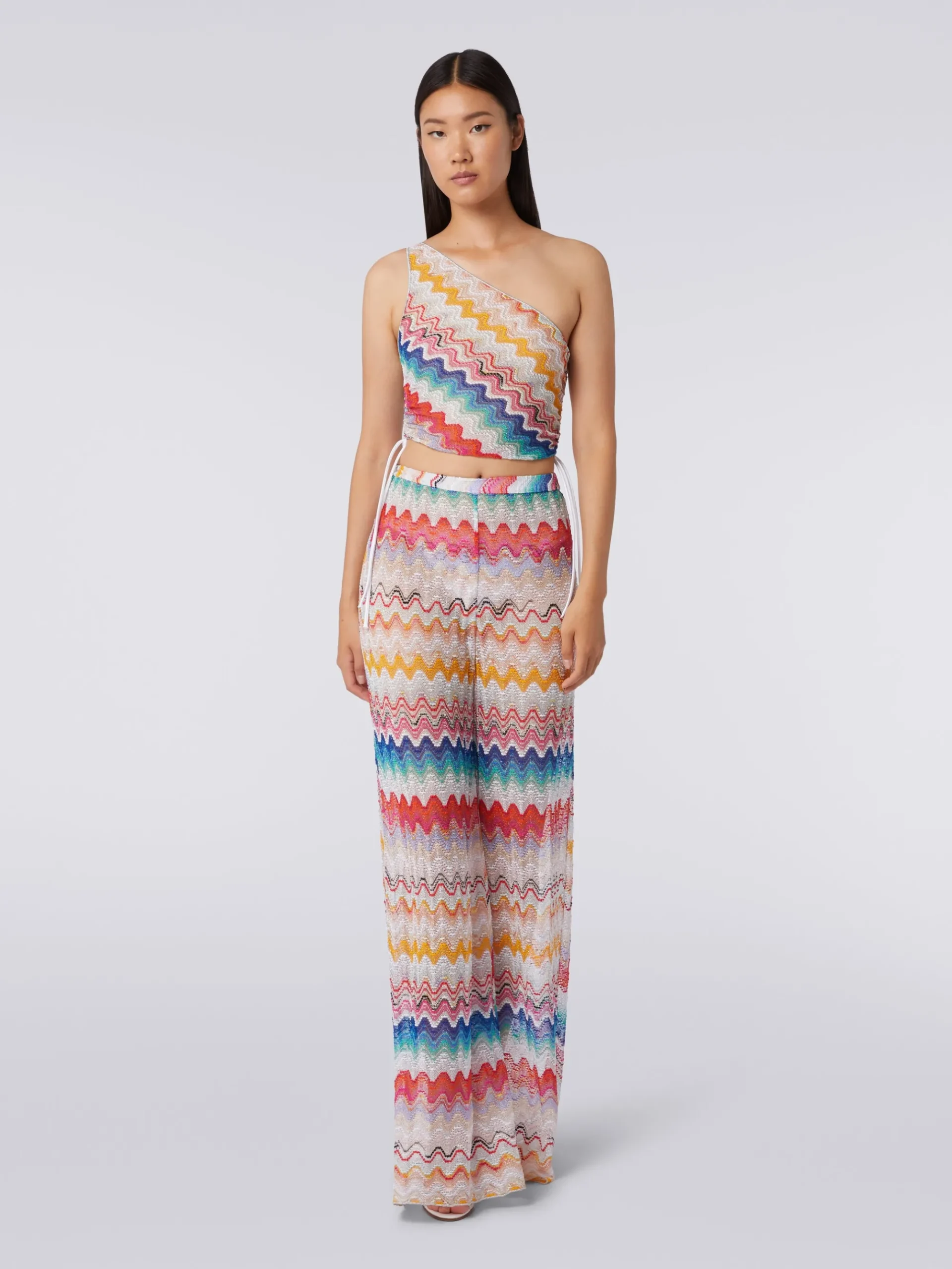 Wave motif one-shoulder top with lurex