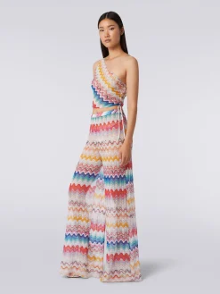 Wave motif one-shoulder top with lurex