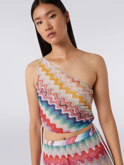 Wave motif one-shoulder top with lurex