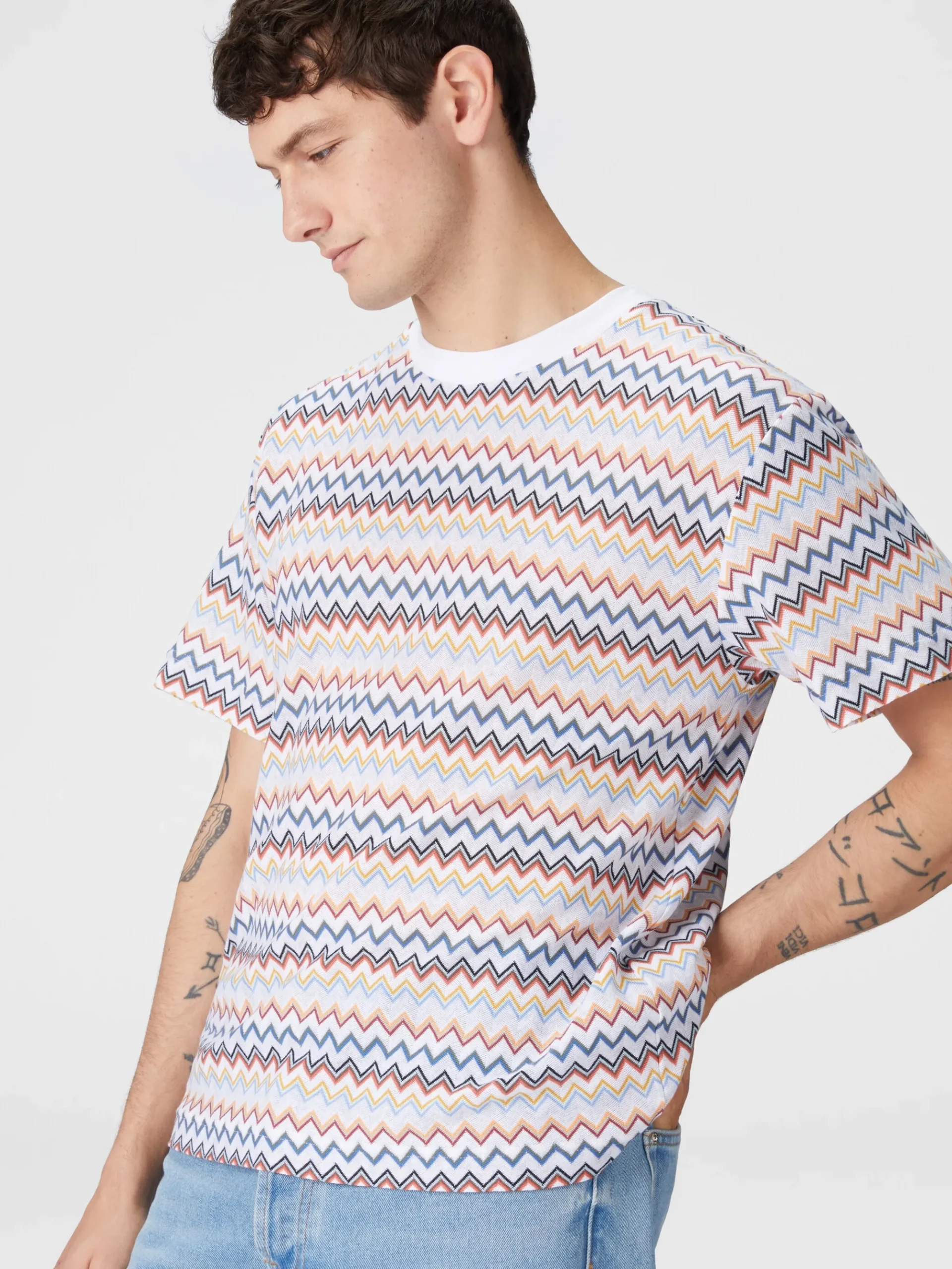 Zig zag cotton crewneck T-shirt with contrasting collar
