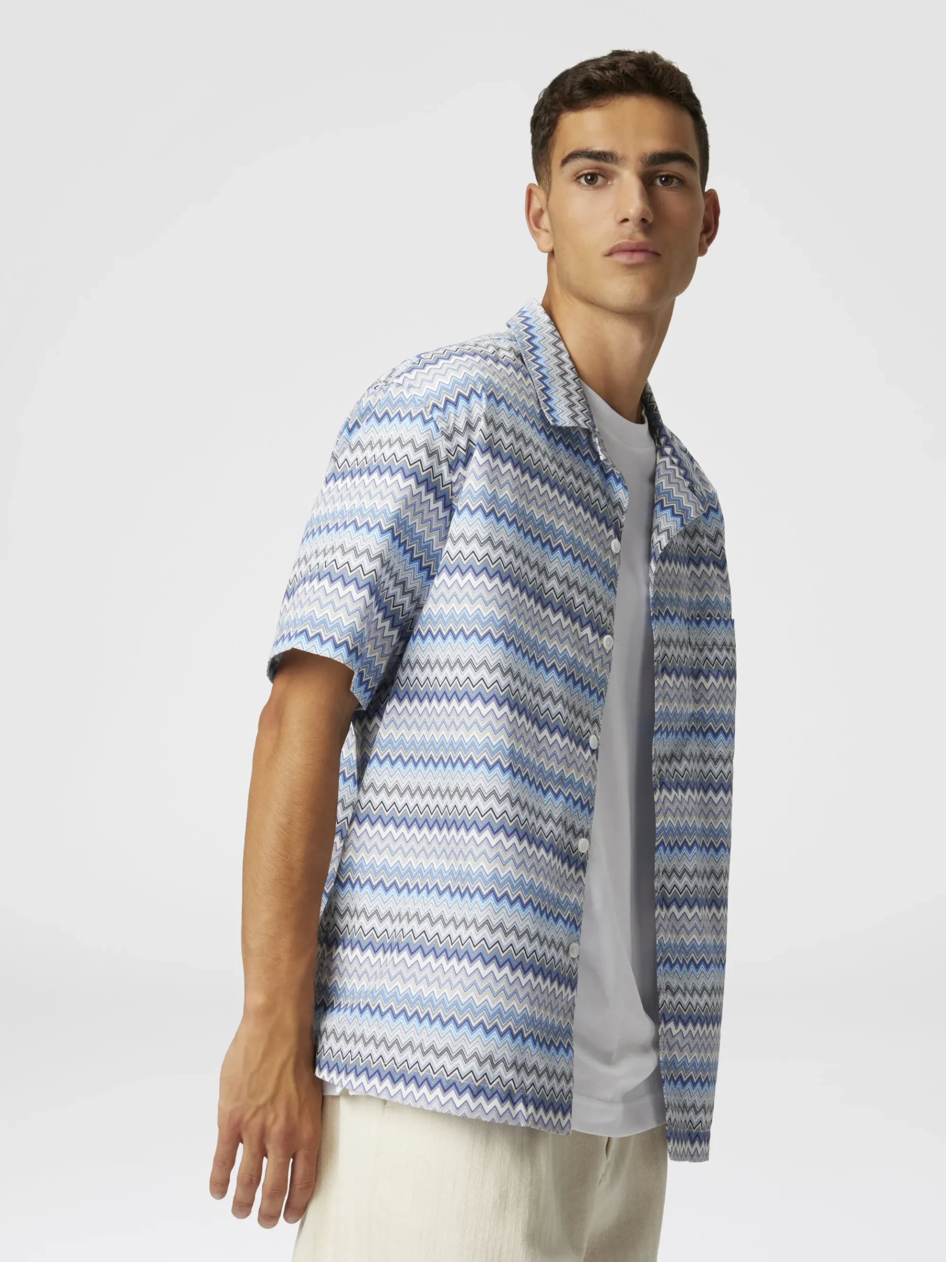 Zig zag cotton poplin bowling shirt with breast pocket
