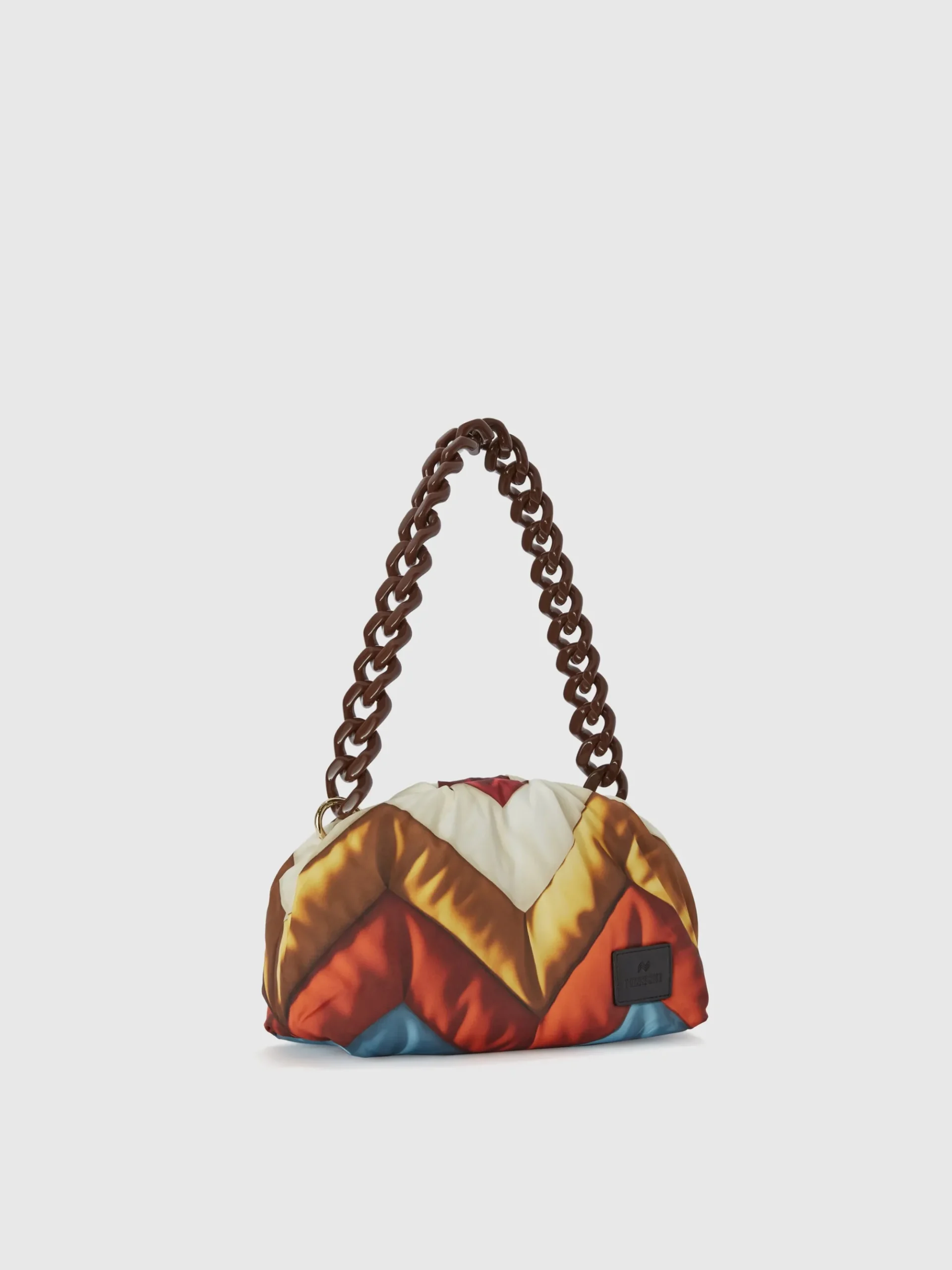 Zig zag fabric clutch with resin shoulder strap