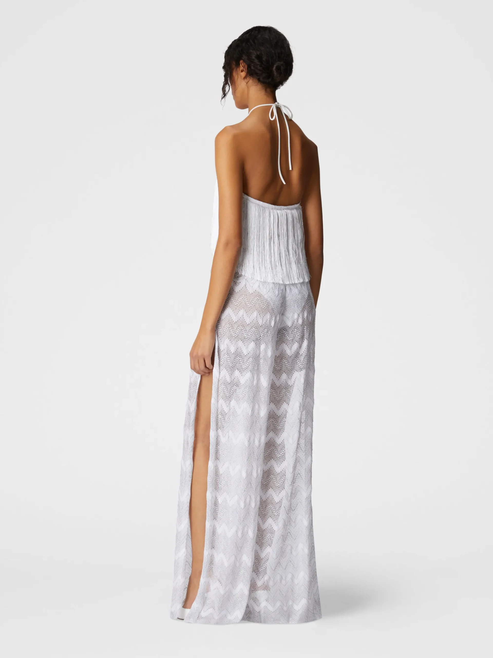 Zig zag lamé viscose jumpsuit with fringes