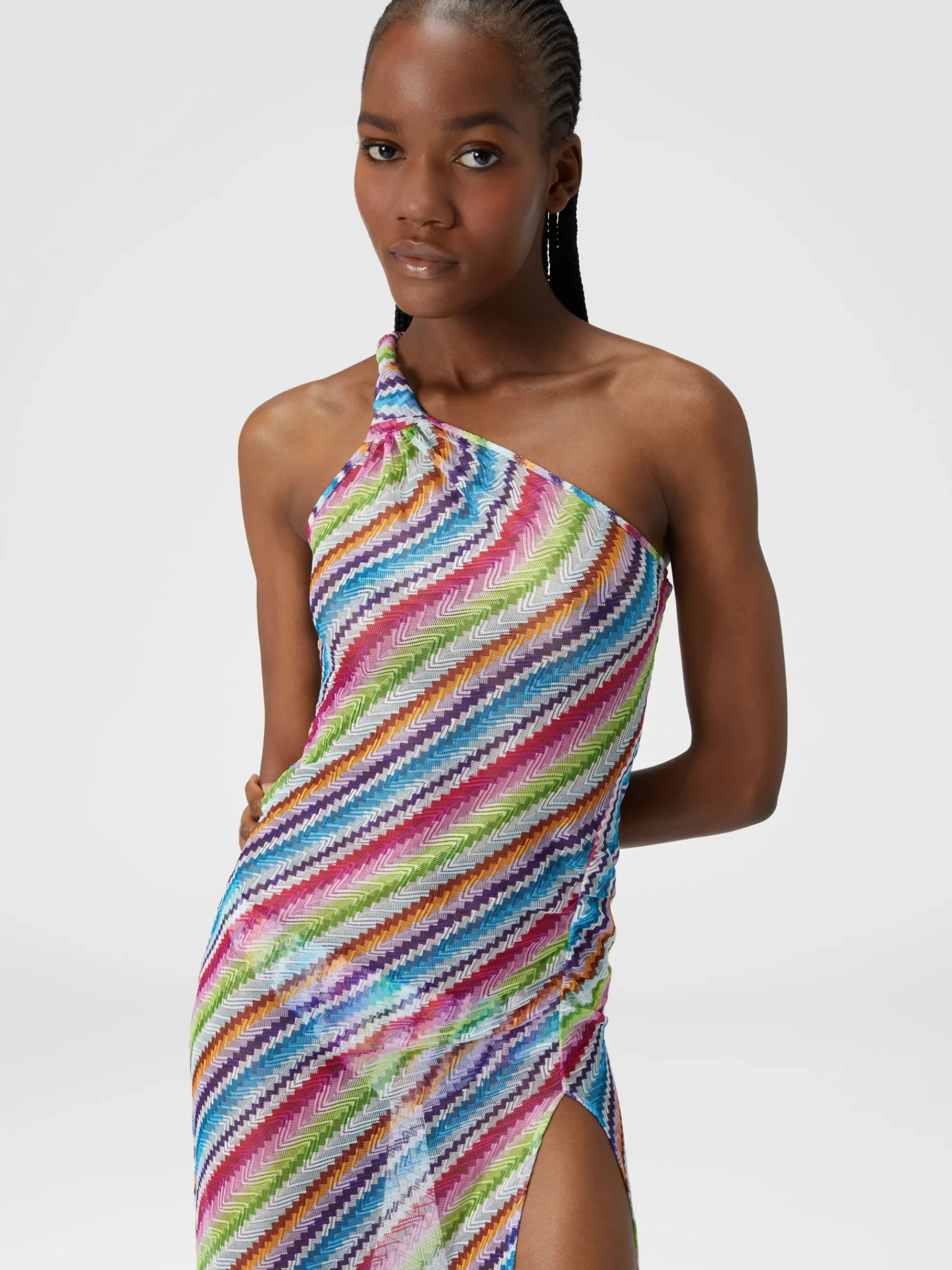 Zig zag print cover-up dress with knot neckline