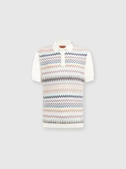 Zigzag cotton knit polo shirt with solid color inserts