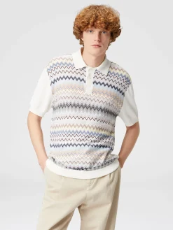 Zigzag cotton knit polo shirt with solid color inserts
