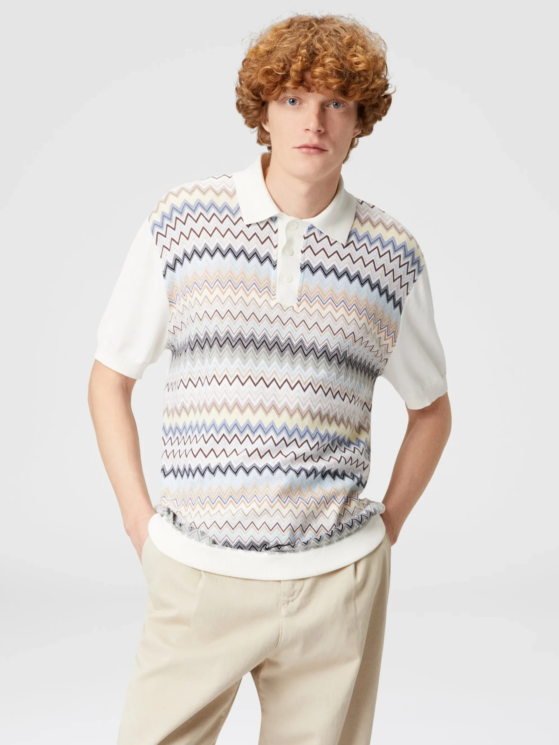 Zigzag cotton knit polo shirt with solid color inserts