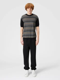 Zigzag cotton knit T-shirt with solid color inserts