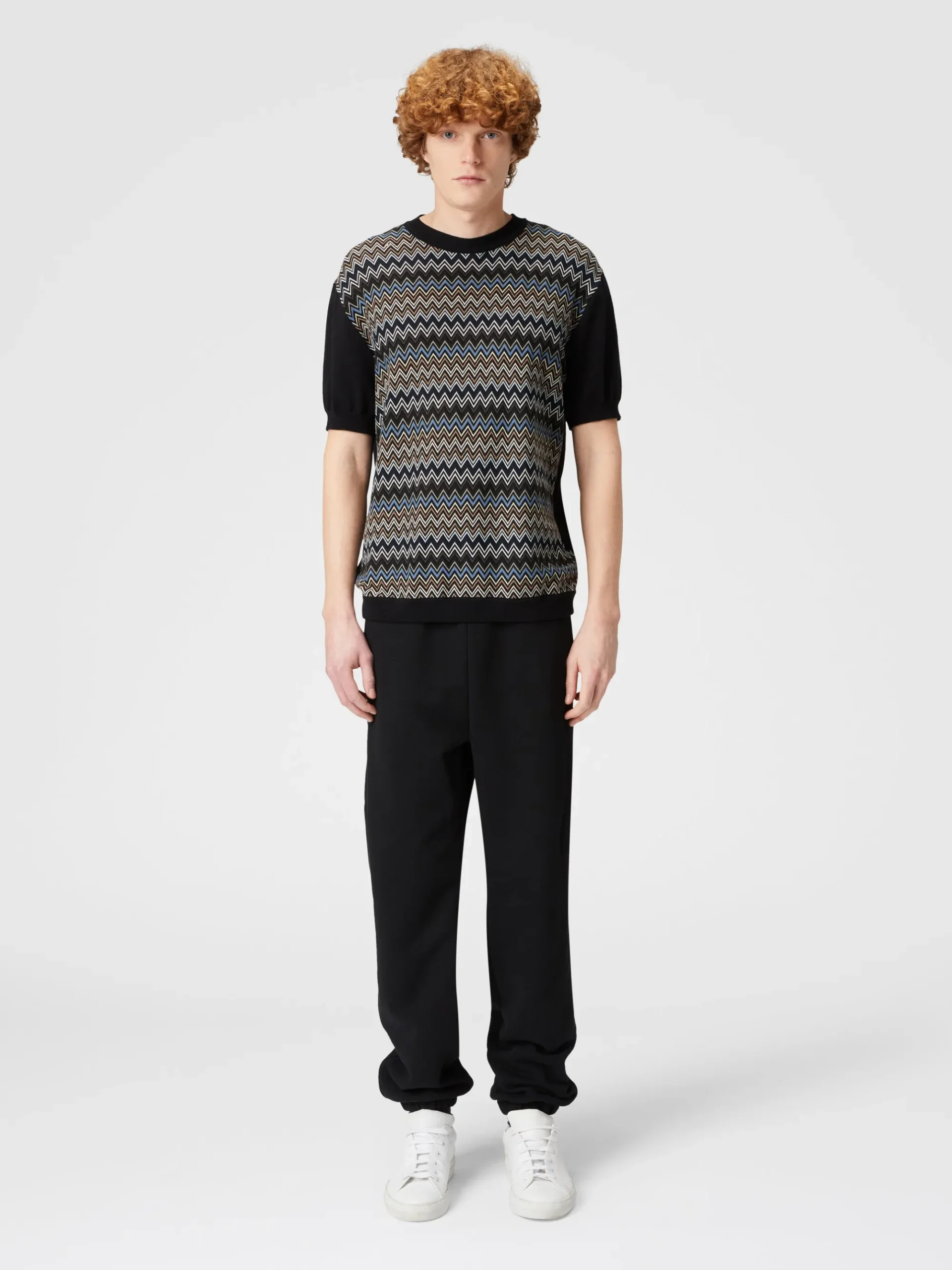 Zigzag cotton knit T-shirt with solid color inserts